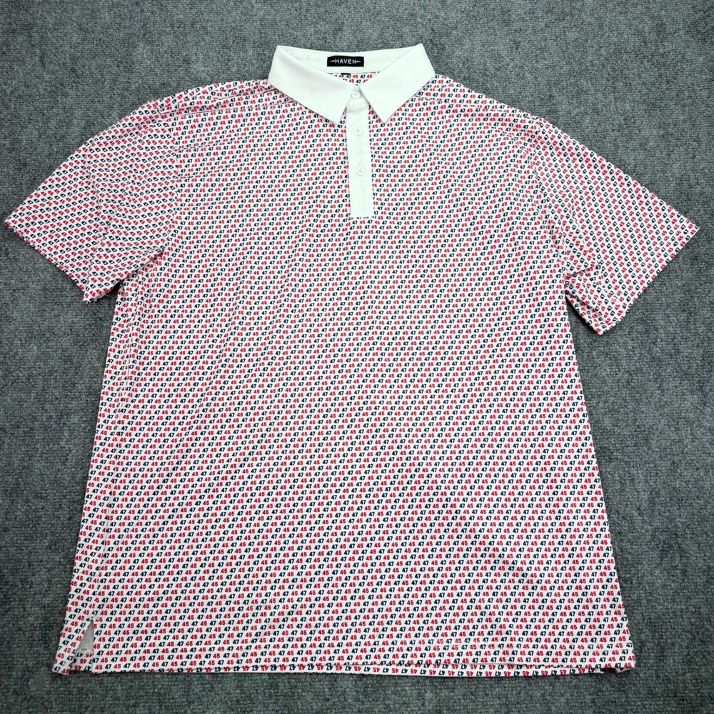 Haven Golf Polo‎ Shirt Men's XL 45 47 Number Pattern White Red Blue Stretch